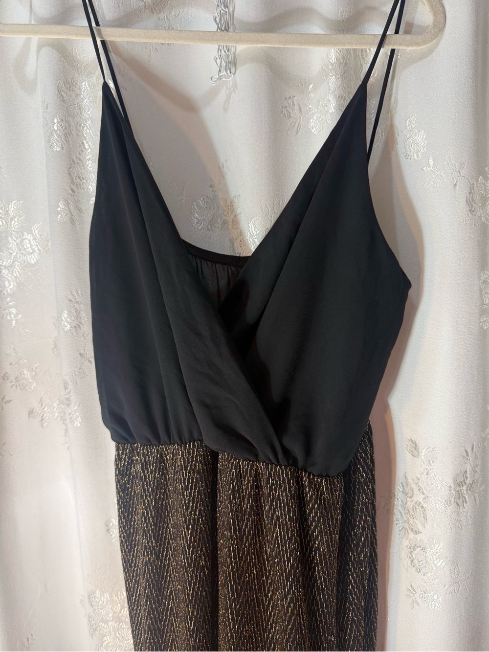 Black Top Wide-Leg Jumpsuit with Gold Metallic Speckle Pants